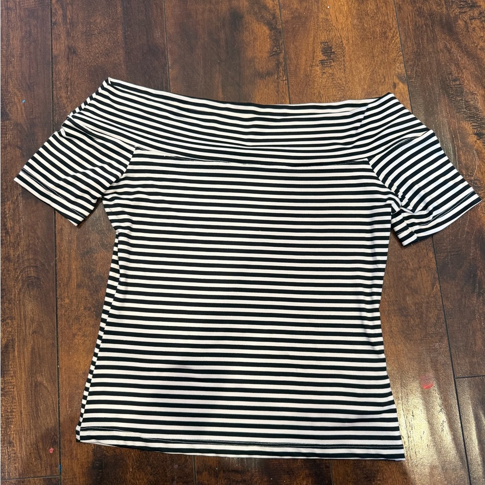 H&M Black and White Striped Off-Shoulder Blouse